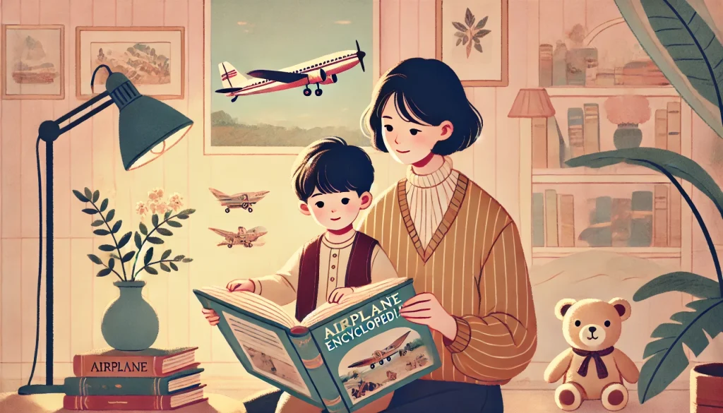 子供に飛行機の絵本を読んでいる