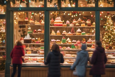 ケーキ屋の外に人だかり　クリスマスケーキ